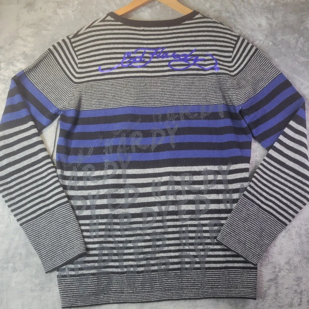 Ed Hardy Christian Audigier Mens XL V-Neck Striped Wool Blend Sweater Grey Blue